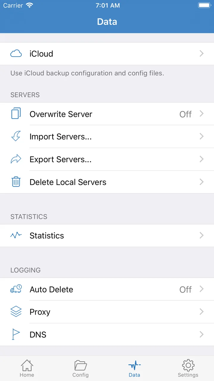 Data 页：iCloud 备份、节点导入导出，统计在 Statistics 入口