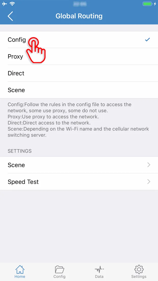 全局路由：Config、Proxy、Direct、Scene 四种模式